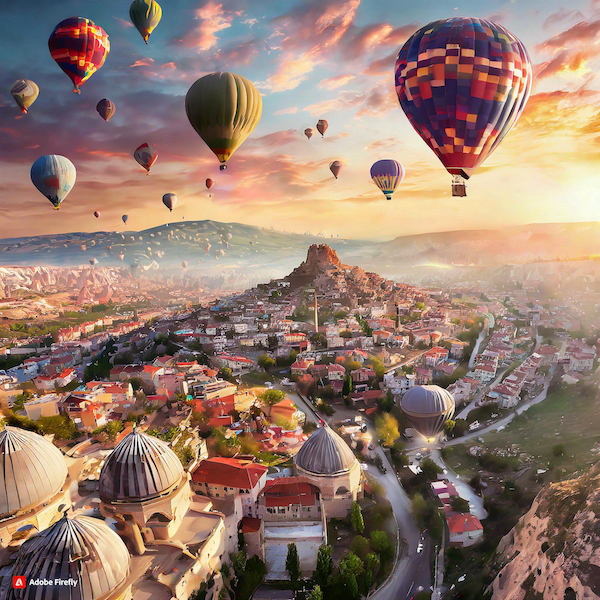 Firefly remarkable scene of turkey with a sky filled with hot air balloons flying high above a city .jpg